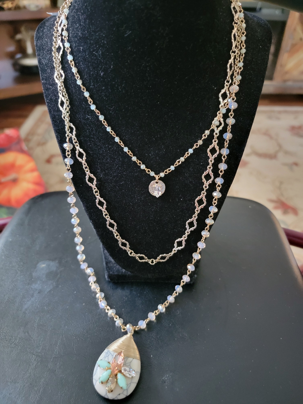 Express Layered Gold-Tone Necklace with Blue-Green Teardrop Pendant